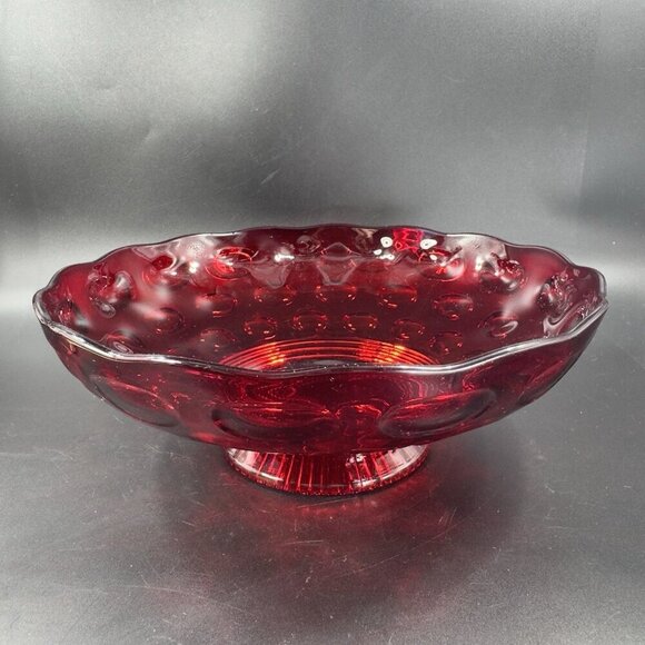 Imperial Glass Old English Ruby Bowl Dot Groove Design Footed Scalloped Rim Bowl - Picture 11 of 16
